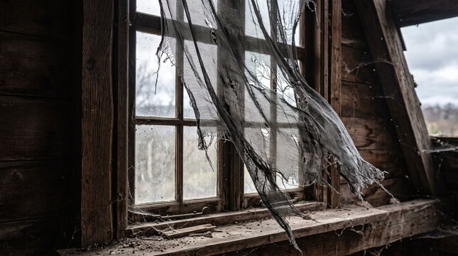 Tattered black mesh fabric hanging over a dusty antique attic window