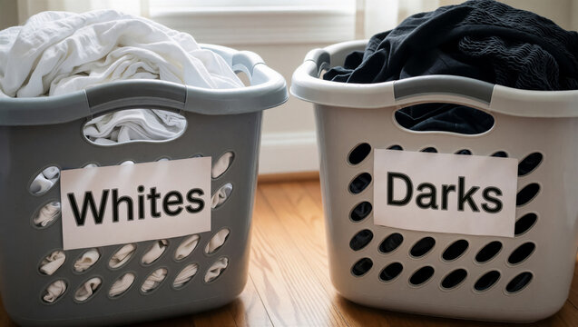 Two laundry baskets, labeled "Whites" and "Darks," sit on a wood floor, illustrating home organization. Perfect for household laundry routine and chore concepts