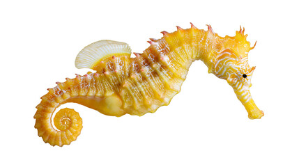 Bright yellow seahorse with textured scales and curled tail © Ari