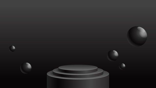 Dark cylindrical podium stand with black stepped platform and scattered spheres, set against a deep gradient background for dramatic product showcases, luxury branding, exhibitions and events.