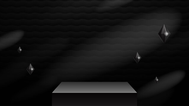 Black square podium vector illustration with a low rectangular platform, subtle wave texture and floating diamond ornaments, offering a dramatic backdrop for luxury products, events and campaigns.