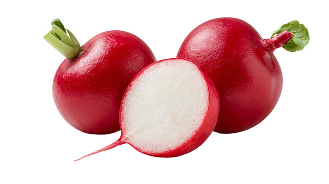 Fresh red radishes with one sliced half showing white interior texture