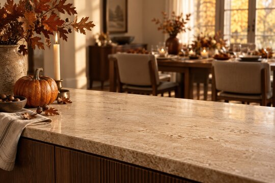 Thanksgiving Product Display on Travertine Sideboard in Elegant Dining Room