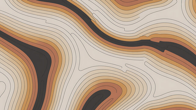 Topographic map style background, with flowing wavy, lines in shades, of brown, beige, and dark grey, creating a layered, organic pattern reminiscent, of geological terrain, or contour line charts