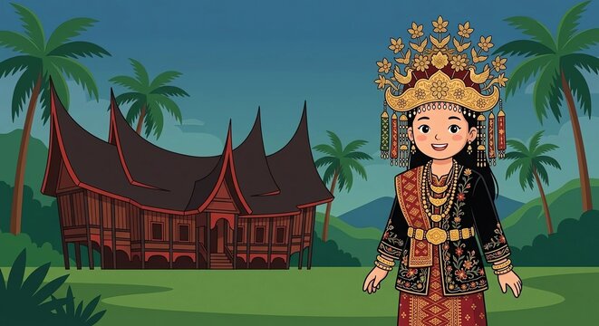 Cartoon Indonesian Minang Woman in Golden Suntiang Crown Standing in Front of Rumah Gadang House