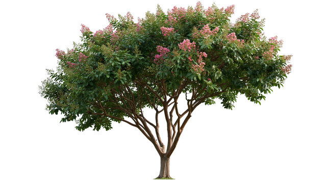 Blooming crape myrtle tree with pink flowers and dense green foliage