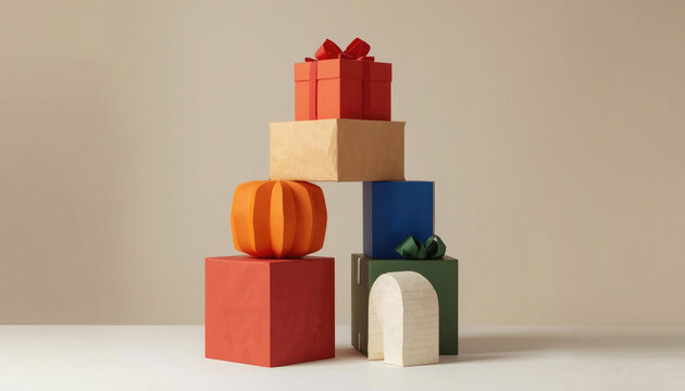 Contemporary Christmas gift boxes stacked into an impossible sculptural tower. The playful artwork transforms festive packaging into a striking modern art object.
