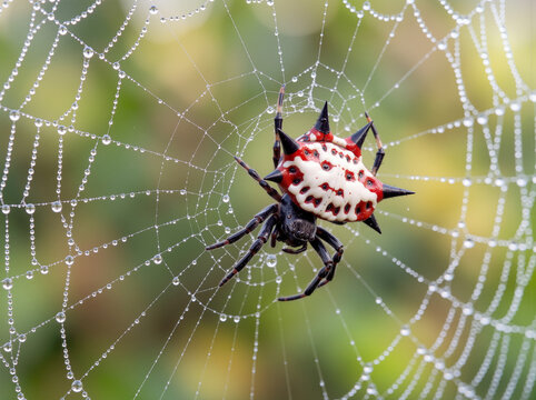 Spiny orb-weaver spider on a dew-covered web