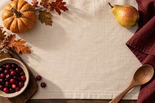 Thanksgiving Flat Lay with Cream Linen Copy Space and Autumn Food