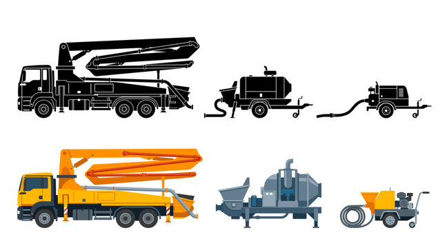 Professional vector collection featuring 6 different concrete pumps, truck-mounted concrete pump, trailer concrete pump, line concrete pump, boom concrete pump, stationary concrete pump