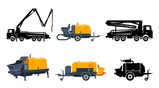 Set of vector collection featuring 6 different concrete pumps, truck-mounted concrete pump, trailer concrete pump, line concrete pump, boom concrete pump, stationary concrete pump