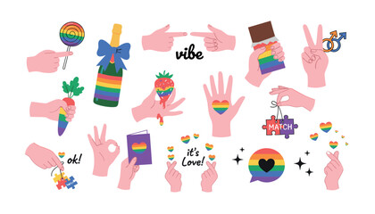 Fototapeta premium A vibrant vector collection of pride month celebration elements. featuring rainbow flags, hands, chocolate bar, lollipop, champagne bottle, stickers, isolated on a white background.
