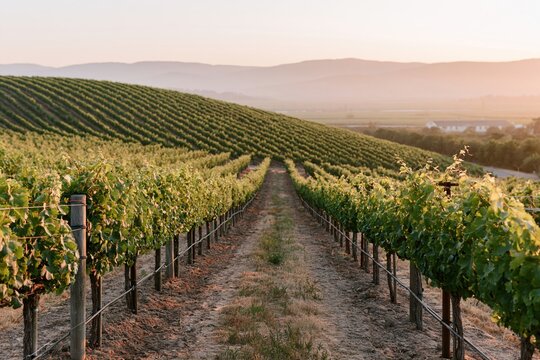 The Vineyard Landscape at Sunrise Between Rolling Hills and Winding Rows