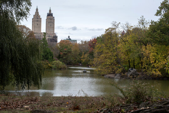 Autumn view across the lake in Central Park with Upper West Side towers in New York City
