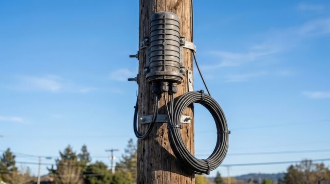 A close up view of a utility pole holding a dome closure and a coiled slack span of fiber optic cable against a bright blue daytime sky with distant tree tops, underscoring the