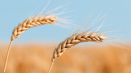 Obraz premium The Golden Wheat Stalks in a Bright Summer Field Under a Blue Sky