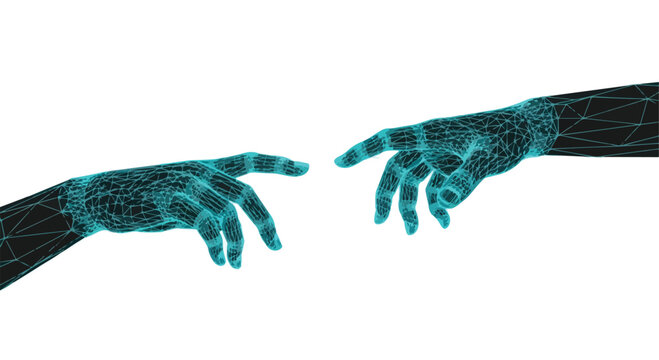 Futuristic wireframe hands reaching out, digital low poly human hands connection, blue glowing cybernetic touch vector illustration