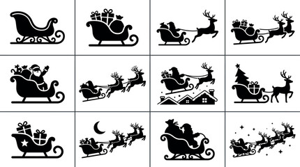 Christmas Santa sleigh silhouette icons, 12 holiday reindeer and sled vector set, black winter festive graphic elements for seasonal cards © Seli