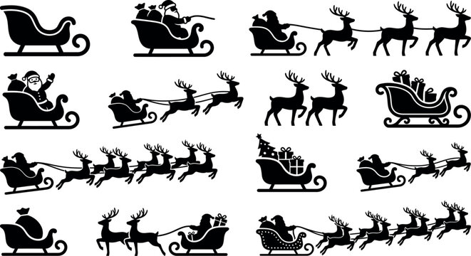 Christmas Santa sleigh silhouette collection, 12 reindeer and sled vector icons, black holiday silhouettes for winter cards and festive decor