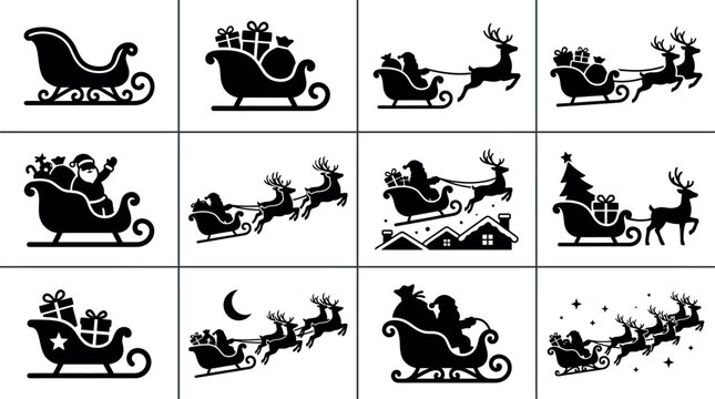 Christmas Santa sleigh silhouette icons, 12 holiday reindeer and sled vector set, black winter festive graphic elements for seasonal cards