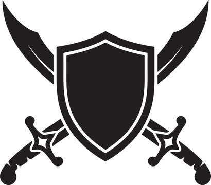Medieval crossed swords and shield vector icon, heraldic warrior emblem, black silhouette of scimitar blades for gaming and security logos