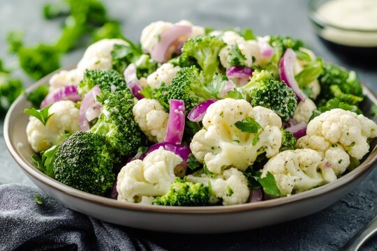 Broccoli and cauliflower salad with red onion and dressing