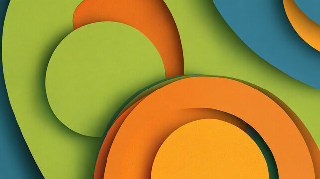 Clean contemporary graphic-design background made from multiple layers of precisely cut matte paper shapes, large circles, arches and irregular curves overlapping at different depths