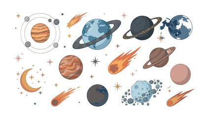 A comprehensive vector collection of solar system planets. featuring celestial orbits, burning comets, crescent moon, stars, asteroids, isolated on a white background. © Nesar