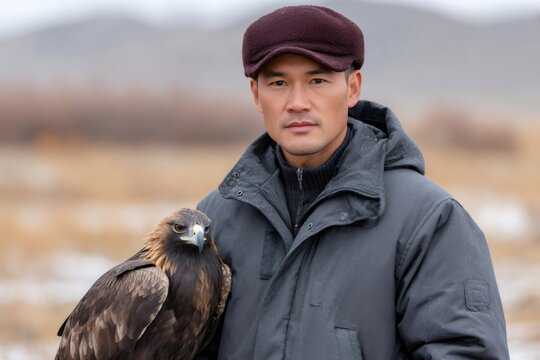 Mongolian eagle hunter posing with golden eagle looking