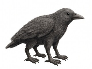 Fototapeta premium Charcoal textured black crow standing alert and isolated completely against a seamless white background.