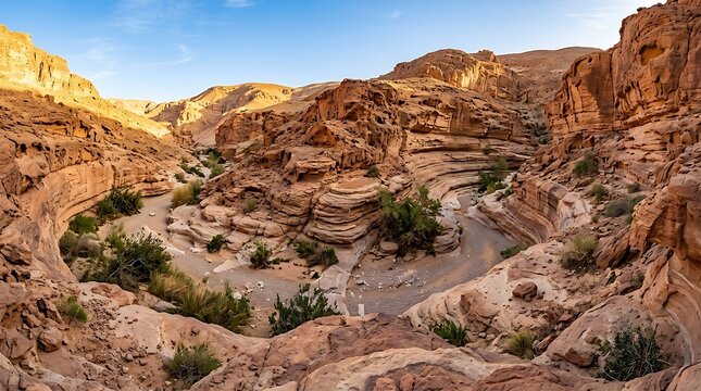Desert canyon landscape at sunrise, arid rocky ravine with winding dry riverbed