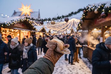 Fototapeta premium A close-up photograph of a person holding a grilled sausage in a bread bun outdoors at a festive Christmas market with stall lights at dusk. 