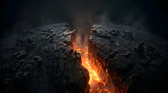 Massive earthquake splitting earth surface with glowing lava canyon and urban destruction