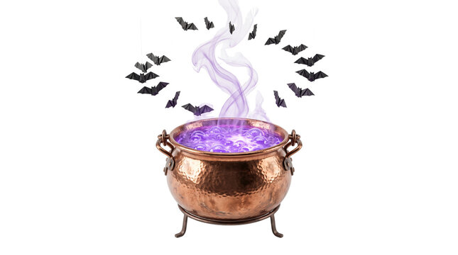 Halloween witch cauldron with purple magic potion, hammered copper pot with mystical smoke and flying bats, spooky sorcery vessel on white background