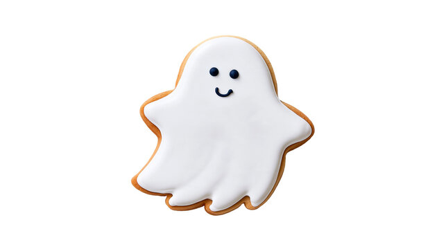 Ghost shaped sugar cookie with white royal icing and black eyes and mouth