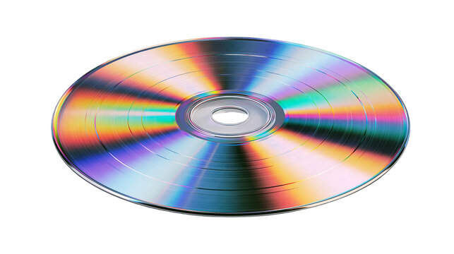 Shiny circular compact disc with iridescent rainbow light reflection
