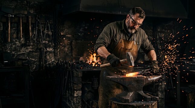 Mature blacksmith forging hot metal with hammer and anvil in dark workshop