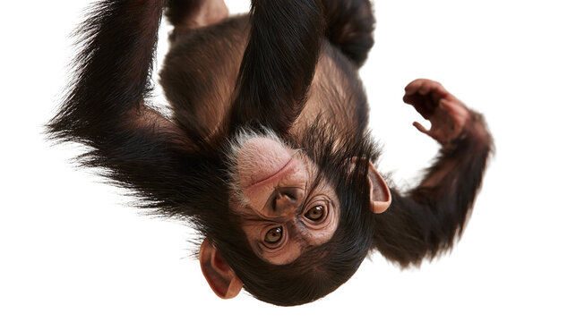 Young chimpanzee hanging upside down with dark brown fur and expressive eyes