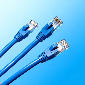 Three Blue Ethernet Network Cables With RJ45 Connectors
