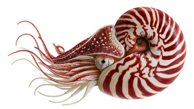 Chambered nautilus mollusk with striped spiral shell and long delicate tentacles