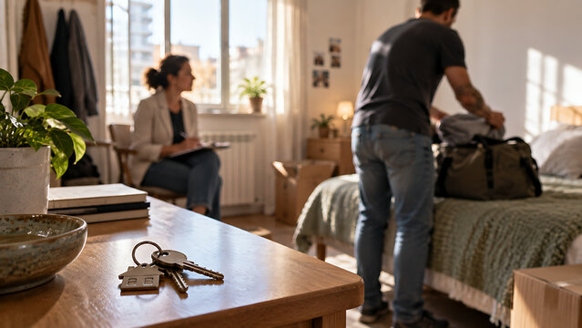 Man Moving into Supported Housing with Social Worker Assistance