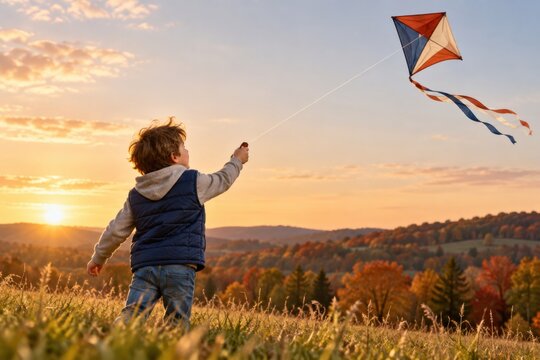 A young boy flying a kite in a field at sunset. The child enjoys outdoor play during a beautiful autumn evening in the countryside