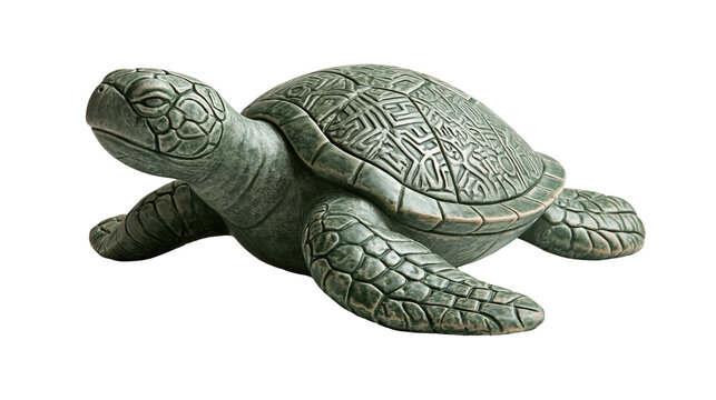 Green stone sea turtle sculpture with intricate shell carvings