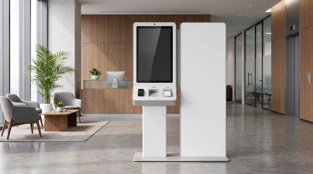 Modern interactive self-service check-in kiosk standing in a sleek corporate office reception lobby