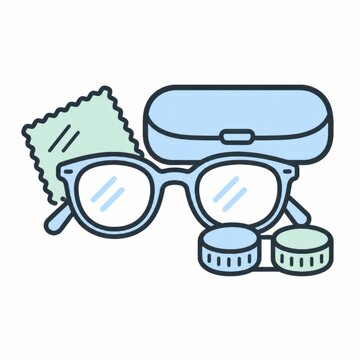 メガネとクロス、ハードケース、コンタクトレンズケースが並ぶお手入れセットのイラスト