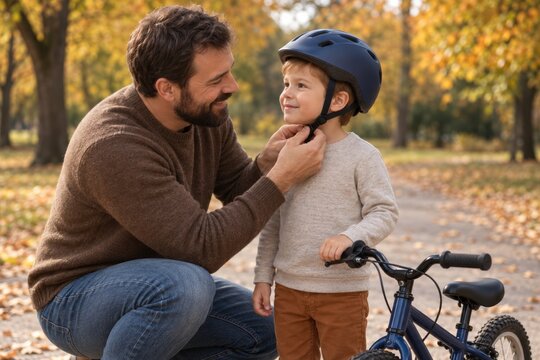 Father helping his son with a bicycle helmet in an autumn park. Caring dad ensures safety for his young boy during a bike ride