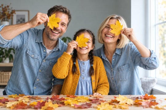 Happy family with child holding maple leaf over eye. Smiling parents and daughter enjoy autumn season at home