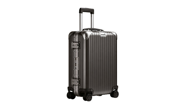 Metallic grey aluminum hard shell carry-on suitcase with wheels and handle