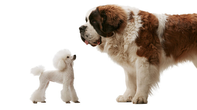 Large Saint Bernard dog standing next to a small white toy poodle