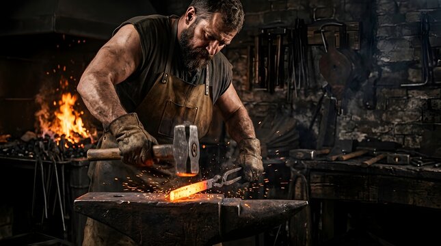Skilled blacksmith forging hot metal with a heavy hammer in a dark workshop